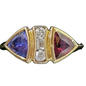 14K Gold Pink Garnet Tanzanite Diamond Band Ring Estate Jewelry